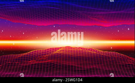 Paesaggio rétro a griglia di polietilene bassa con montagne poligonali, profili di palme e sole, illustrazione vettoriale. paesaggio sintonico in stile anni '80 con neon Illustrazione Vettoriale