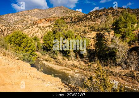 Il fiume Assif Ahansal sotto la cattedrale di Imsfrane, montagne dell'alto Atlante, Marocco Foto Stock