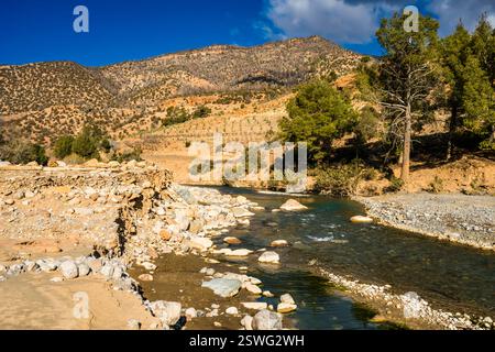 Il fiume Assif Ahansal sotto la cattedrale di Imsfrane, montagne dell'alto Atlante, Marocco Foto Stock