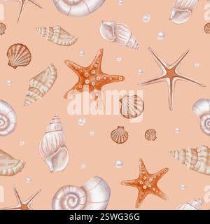 Seashell e Pearls Pattern su sfondo isolato. Ornamento senza cuciture ad acquerello vintage disegnato a mano con Sea Shells e stelle per carta da imballaggio o. Foto Stock