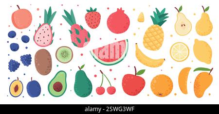Frutta e frutti colorati disegnati a mano. Stile minimalista astratto alla moda. Frutti tropicali naturali. Fig, ciliegia, mela, pesca, limone, banana, avocado Illustrazione Vettoriale