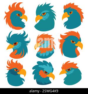 Collezione vettoriale di sagome di pappagalli blu isolate dallo sfondo. Set di teste di pappagallo in stile fantasia. Uccelli disegnati a mano per icona Illustrazione Vettoriale