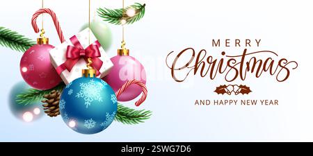 Design vettoriale di auguri natalizi. Buon testo natalizio in uno spazio bianco con palle di Natale appese, elementi decorativi regalo e foglie di pino per le vacanze Illustrazione Vettoriale