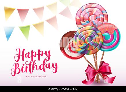 Design vettoriale dei lecca-lecca-lecca di compleanno. Testo per buon compleanno con pennant e mazzo di lecca lecca colorato in nastro lasso per festeggiare il giorno della nascita dei bambini. Vettore Illustrazione Vettoriale