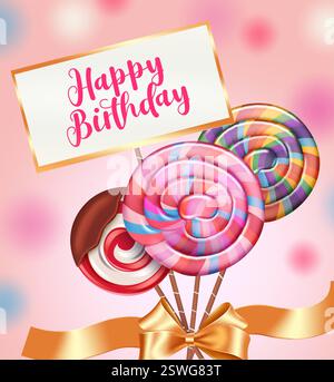 Design del concetto vettoriale del lecca-lecca di compleanno. Testo per buon compleanno con biglietto da visita con mazzo di lecca-lecca colorato nell'elemento del nastro per un dolce dessert in parte Illustrazione Vettoriale
