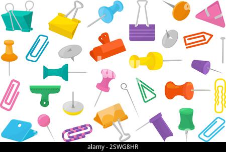 Clip e spille dei cartoni animati. Puntali isolati, bandiere coloranti per puntatori, carta e clip per documenti. Cancelleria e accessori per cartone in sughero, neoterico Illustrazione Vettoriale