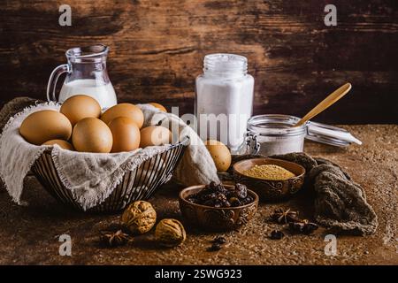 Varietà di ingredienti da cuocere su un tavolo rustico. Preparazione per la cottura in casa. Foto Stock