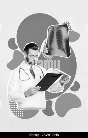 Immagine collage verticale del cappotto bianco del medico professionale leggere la carta della clipboard esaminare i polmoni di scansione di raggi X isolati su priorità bassa creativa Foto Stock