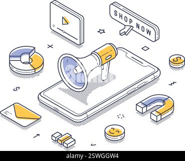 Smartphone con megafono e icone di marketing come grafici a torta, pulsanti di invito all'azione e magneti, che simboleggiano la pubblicità digitale. Infog isometrico Illustrazione Vettoriale