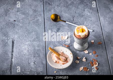 Uovo bruno sodo in cui la parte superiore viene tagliata in una tazza grigia su sfondo grigio, copiare lo spazio Foto Stock