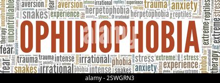Ophidiofobia: Paura dei serpenti progettazione concettuale di nuvole di parole isolata su sfondo bianco. Illustrazione Vettoriale