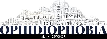 Ophidiofobia: Paura dei serpenti progettazione concettuale di nuvole di parole isolata su sfondo bianco. Illustrazione Vettoriale