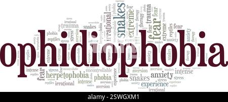 Ophidiofobia: Paura dei serpenti progettazione concettuale di nuvole di parole isolata su sfondo bianco. Illustrazione Vettoriale