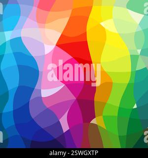 Sfondo colorato e luminoso con sezioni sfaccettate. Schema geometrico astratto con linee ondulate ed elementi multicolori. Blu, viola, viola, rosso Illustrazione Vettoriale