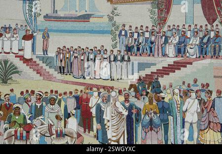 Pannello a mosaico piastrellato nella città di Ismailia raffigurante la cerimonia di apertura dello storico canale di Suez il 17 novembre 1869, in Egitto Foto Stock