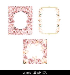 Set di acquerelli incorniciano magnolia e fiori di peonia. Fiori eleganti su sfondo bianco isolato. Foto Stock