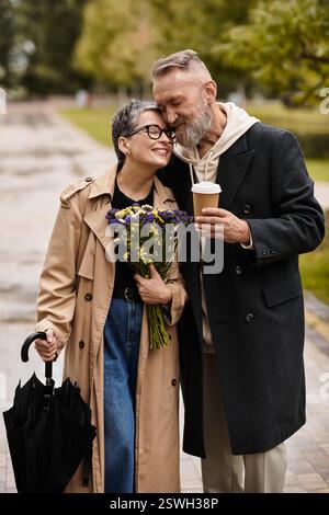 In un incantevole parco, una coppia matura si diverte in compagnia mentre condivide un caldo abbraccio. Foto Stock