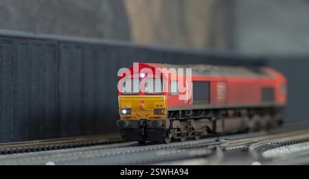 Locomotiva diesel classe 66 in livrea DB, modello in scala a scartamento 00, resistente agli agenti atmosferici Foto Stock