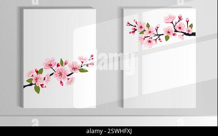 Illustrazione in fiore di ciliegio in un ambiente minimalista su uno sfondo chiaro che mostra delicati fiori e rami rosa Illustrazione Vettoriale