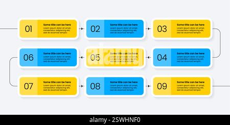 Modello infografico con 9 opzioni o passaggi. Linea. Può essere utilizzato per layout del flusso di lavoro, diagrammi, banner, webdesign. Illustrazione vettoriale Illustrazione Vettoriale