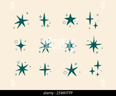 Forme a stella con elementi in disegno stile doodle con sfondo verde su beige Illustrazione Vettoriale