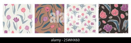 Fantasie vintage senza cuciture con fiori di tulipano viola Illustrazione Vettoriale
