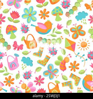 Carino e colorato motivo senza cuciture vettoriale per il giardinaggio primaverile con graziosi uccelli, farfalle, fiori, coccinelle ed elementi da giardino. Sfondo Design for Kids Illustrazione Vettoriale