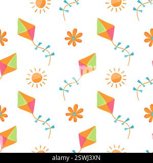 Colorato motivo aquilone con sole e fiori su sfondo bianco, perfetto per i disegni estivi e per bambini, motivo senza cuciture vettoriale per sfondo e. Illustrazione Vettoriale