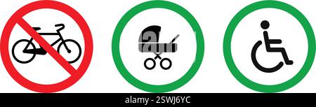 vietato l'accesso alla sedia a rotelle con carrozzina classica per bambini. non è consentito l'uso di biciclette in bicicletta, simbolo del cartello vector semplice impostato su sfondo trasparente Illustrazione Vettoriale