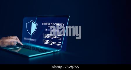 Sicurezza informatica e protezione dei dati su Internet, sistema e storage protetti da password, scudo virtuale toccante umano, accesso sicuro, Cybersecurity tec Foto Stock