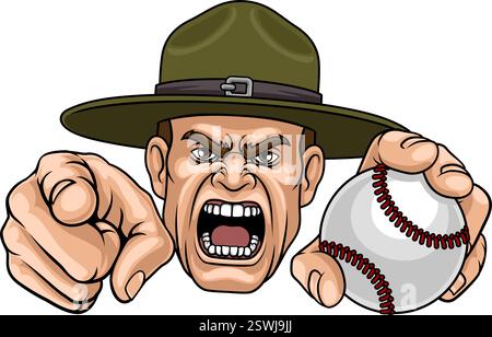 Istruttore di perforazione Sergente Bootcamp Baseball Mascotte Illustrazione Vettoriale