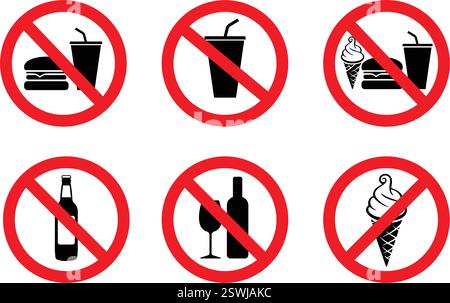 classico semplice vari senza cibo mangiare o bevande bere alcol consentito vietato nei segni circolari rossi impostare vettore su sfondo trasparente Illustrazione Vettoriale