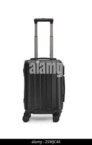 Foto in studio di una piccola valigia nera con ruote isolate su sfondo bianco Foto Stock