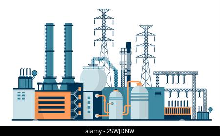 Industria della generazione di energia. Fabbriche industriali e edifici di impianti isolati su sfondo bianco Illustrazione Vettoriale