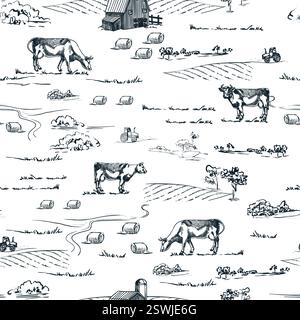 Mucche da pascolo su prati di fattoria senza cuciture. Illustrazione dello schizzo disegnato a mano vettoriale. Agricoltura e agricoltura paesaggio rurale retroterra scarabocchiante. Testo Illustrazione Vettoriale