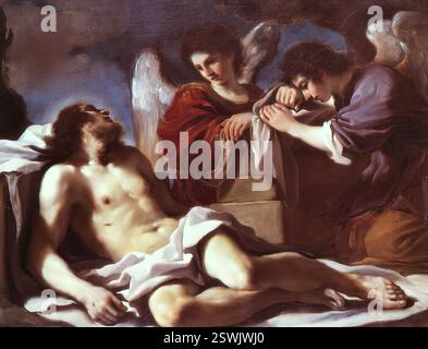 GUERCINO (B. 1591, cento, d. 1666, Bologna) Angels Weeping Over the Dead Christ 1618 Oil on Copper, 36 x 44 cm National Gallery, Londra --- parole chiave: --------------- Autore: GUERCINO titolo: Angels Weeping over the Dead Christ Time-line: 1601-1650 Scuola: Italian form: Painting Type: Religious Foto Stock