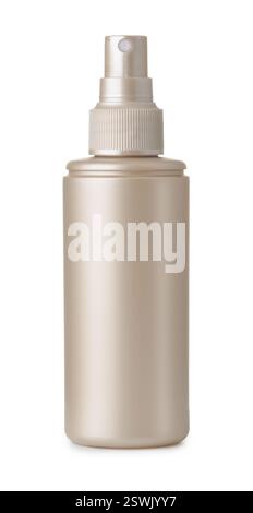 Vista frontale del flacone spray bianco in plastica beige isolato su bianco Foto Stock