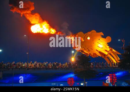 Spettacolo d'acqua sul ponte del drago di Cau rong a da Nang in Vietnam di notte Foto Stock
