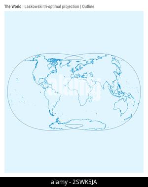 Mappa del mondo. Proiezione ottimale Laskowski. Stile contorno. Mappa mondiale dettagliata per infografiche, istruzione, report e presentazioni. Illustrazione Vettoriale