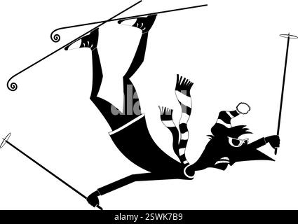 Caduta sciatore. Sport invernali. Cartoni animati che sciano. Illustrazione in bianco e nero Illustrazione Vettoriale