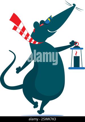 Topo carino, opossum o topo con una vecchia lanterna. Topo cartoni animati, opossum o topo contiene una lanterna illuminata vintage. Isolato su sfondo bianco Illustrazione Vettoriale