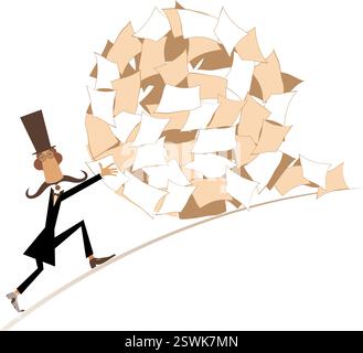 Un uomo che lavora sodo nel concetto di cappello. Mucchio, palla di carte. Uomo d'affari che tira una grande palla di documenti. Isolato su sfondo bianco Illustrazione Vettoriale