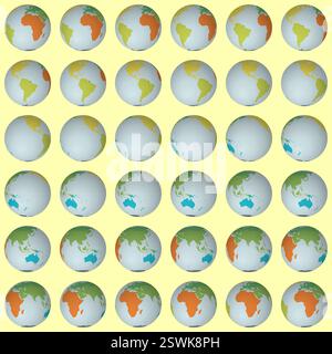 Raccolta di globi terrestri. Vista sfera normale. Fase di rotazione di 10 gradi. Stile continenti colorati. Mappa del mondo con linee reticolari su sfondo caldo. Illustrazione Vettoriale