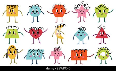 Set di forme geometriche di base dei cartoni animati con il sorriso della faccia. Materiale didattico Funny Shapes per bambini in età prescolare. Collezione alla moda disegnata a mano per i bambini Illustrazione Vettoriale