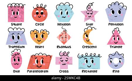 Set di forme geometriche di base dei cartoni animati con il sorriso della faccia. Materiale didattico Funny Shapes per bambini in età prescolare. Collezione alla moda disegnata a mano per i bambini Illustrazione Vettoriale