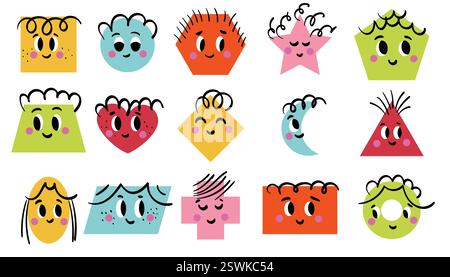 Set di forme geometriche di base dei cartoni animati con il sorriso della faccia. Materiale didattico Funny Shapes per bambini in età prescolare. Collezione alla moda disegnata a mano per i bambini Illustrazione Vettoriale