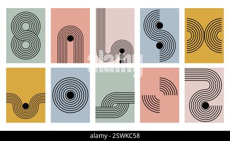 Serie di manifesti astratti contemporanei della metà del secolo con forme geometriche a righe. Design con linee Bauhaus per sfondo, decorazioni murali, cartoncino, branding. Illustrazione Vettoriale