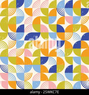 Bauhaus Modern Geometric con mezzitoni e texture Grunge, motivo senza cuciture semicircoli, stampa geometrica . Moderno motivo geometrico alla moda. Illustrazione Vettoriale