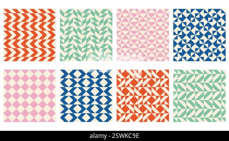 Graziosa raccolta astratta di motivi a triangolo e quadrati senza cuciture. Set di motivi Bauhaus monocromatici. Sfondi geometrici delle piastrelle. Illustrazione Vettoriale