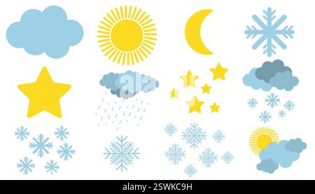 I fenomeni meteorologici sono stati tramonti: Nuvole, temporali, neve, pioggia, sole e luna crescente. Simboli di previsione dei cartoni animati isolati su sfondo bianco. Illustrazione Vettoriale